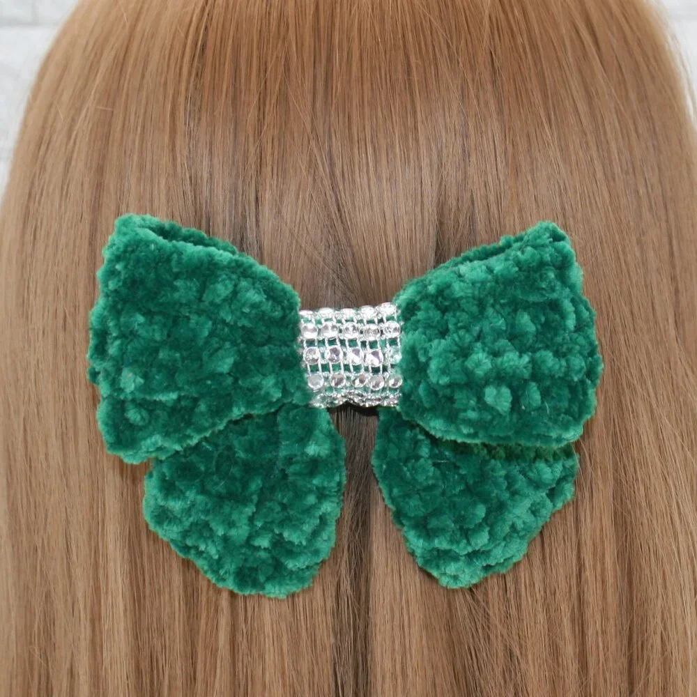 HAND CRAFTED Hair Bow Kids Crochet Chenille Velvet Hair Barrette Oversized Green